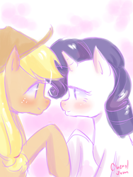 Size: 1500x2000 | Tagged: safe, artist:cheryl-jum, applejack, rarity, g4, blushing, female, lesbian, ship:rarijack, shipping