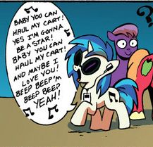 Size: 217x209 | Tagged: safe, artist:andypriceart, dj pon-3, vinyl scratch, g4, idw, spoiler:comic, spoiler:comic09, andy you magnificent bastard, creative nomad, ipod, lyrics, song reference, the beatles