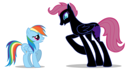 Size: 527x307 | Tagged: safe, artist:mixermike622, edit, rainbow dash, scootaloo, pegasus, pony, g4, blank flank, corrupted, cropped, duo, eye contact, female, frown, grin, gritted teeth, height difference, mare, nervous, nightmare, nightmare scootaloo, nightmarified, raised hoof, simple background, smiling, transparent background