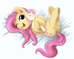 Size: 3000x2400 | Tagged: safe, artist:steffy-beff, fluttershy, pegasus, pony, bed, cute, dock, female, hnnng, looking at you, mare, on back, plushie, shyabetes, solo, underhoof, wink