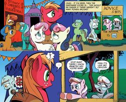 Size: 1062x863 | Tagged: safe, artist:andypriceart, idw, official comic, big macintosh, bon bon, diamond tiara, lyra heartstrings, silver spoon, sweetie drops, twinkleshine, earth pony, pegasus, pony, g4, spoiler:comic09, andy you magnificent bastard, big macintosh gets all the mares, bonmac, charles m schulz, charlie brown, cheese, diamond tiara's bad advice, glasses, lip bite, lucy's advice booth, male, peanuts, sitting lyra, smelly, stallion, style emulation, twinklemac, unnamed character, unnamed pony