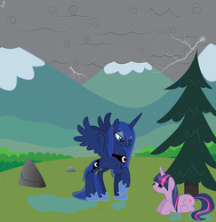 Size: 3653x3764 | Tagged: safe, artist:rusilis, princess luna, twilight sparkle, g4, bedroom eyes, cloud, cloudy, eye contact, eyeshadow, floppy ears, grass, lightning, mountain, prone, puddle, rain, raised hoof, rock, smiling, spread wings, standing, storm, tree, wet mane