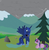 Size: 3653x3764 | Tagged: safe, artist:rusilis, princess luna, twilight sparkle, g4, bedroom eyes, cloud, cloudy, eye contact, eyeshadow, floppy ears, grass, lightning, mountain, prone, puddle, rain, raised hoof, rock, smiling, spread wings, standing, storm, tree, wet mane