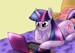 Size: 1754x1240 | Tagged: safe, artist:ciriliko, twilight sparkle, g4, bed, female, glasses, laptop computer, solo