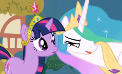 Size: 1159x708 | Tagged: safe, screencap, princess celestia, twilight sparkle, alicorn, pony, unicorn, g4, big crown thingy, element of magic, female, jewelry, mare, out of context, regalia