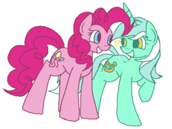 Size: 499x375 | Tagged: safe, artist:rareponypairings, lyra heartstrings, pinkie pie, earth pony, pony, unicorn, g4, duo, eye contact, female, heart, lesbian, looking at each other, no catchlights, ship:lyrapie, shipping, simple background, white background