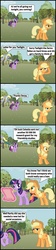 Size: 1047x4690 | Tagged: safe, artist:bronybyexception, applejack, derpy hooves, twilight sparkle, pegasus, pony, g4, applejack is not amused, comic, female, freeloader, mare, oblivious, poverty, unamused