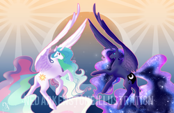 Size: 1024x663 | Tagged: safe, artist:starkindlerstudio, princess celestia, princess luna, alicorn, pony, g4, concave belly, ethereal mane, ethereal tail, large wings, long mane, long tail, looking at each other, looking at someone, rearing, royal sisters, siblings, sisters, slender, spread wings, tail, thin, watermark, wings