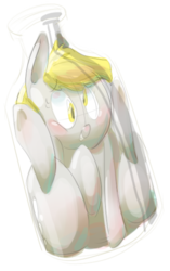 Size: 708x1128 | Tagged: safe, artist:secretgoombaman12345, derpy hooves, pegasus, pony, g4, blushing, bonsai pony, bottle, cute, female, mare, pony in a bottle, solo, stuck