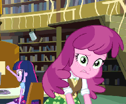 Size: 434x360 | Tagged: safe, screencap, cheerilee, twilight sparkle, equestria girls, g4, my little pony equestria girls, animated, annoyed, fake smile, female, forced smile, gif, smiling