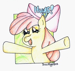 Size: 920x868 | Tagged: safe, artist:snowflight96, apple bloom, earth pony, pony, g4, female, hug, solo, traditional art