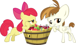 Size: 754x447 | Tagged: safe, artist:bronybyexception, apple bloom, featherweight, earth pony, pegasus, pony, g4, apple, colt, female, filly, flirting, foal, food, male, ship:featherbloom, shipping, simple background, toy ship, transparent background