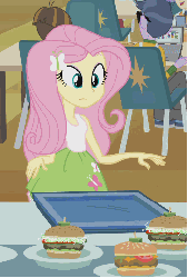 Size: 351x519 | Tagged: safe, edit, screencap, bright idea, fluttershy, micro chips, wiz kid, equestria girls, g4, my little pony equestria girls, animated, background human, burger, cafeteria, clothes, cropped, female, food, hamburger, happy, male, sandwich, veggie burger