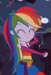 Size: 299x435 | Tagged: safe, screencap, captain planet, rainbow dash, teddy t. touchdown, tennis match, equestria girls, g4, my little pony equestria girls, animated, background human, close-up, cropped, dancing, driving, fall formal outfits, female, happy, male, rainbow dash always dresses in style