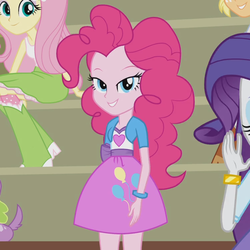 Size: 751x751 | Tagged: safe, screencap, applejack, fluttershy, pinkie pie, rarity, spike, equestria girls, g4, my little pony equestria girls, bedroom eyes, clothes, cutie mark on clothes, lidded eyes, looking at you, pink skirt, seductive, skinny, skirt, smiling, thin