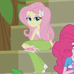 Size: 647x646 | Tagged: safe, screencap, fluttershy, equestria girls, g4, my little pony equestria girls, bedroom eyes, bleachers, boots, bracelet, cropped, female, fourth wall, high heel boots, jewelry, looking at you, skinny, thin