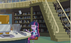 Size: 428x261 | Tagged: safe, screencap, spike, twilight sparkle, dog, equestria girls, g4, my little pony equestria girls, animated, berk, book, camera, computer, drool, duckface, frown, funny, hand, humans doing horse things, inverted colors, library, majestic as fuck, mouth hold, photocopier, printer, raised eyebrow, smiling, spike the dog, spit, struggle with technology, surprised, wide eyes