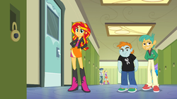 Size: 1023x576 | Tagged: safe, screencap, aqua blossom, cloudy kicks, curly winds, snails, snips, some blue guy, sunset shimmer, equestria girls, g4, my little pony equestria girls, background human, dreamworks face, evil grin, female, grin, male