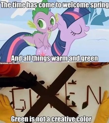 Size: 530x599 | Tagged: safe, edit, edited screencap, screencap, spike, twilight sparkle, dragon, pony, unicorn, g4, season 1, winter wrap up, caption, don't hug me i'm scared, dragons riding ponies, female, green is not a creative color, male, mare, riding, spike riding twilight, unicorn twilight