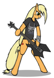Size: 600x860 | Tagged: safe, artist:raynebowcrash, applejack, earth pony, pony, g4, bass guitar, bipedal, female, guitar, heavy metal, lamb of god, metal, musical instrument, simple background, solo, transparent background
