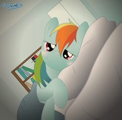 Size: 4536x4440 | Tagged: safe, artist:fluffyxai, rainbow dash, pony, g4, absurd resolution, bed, female, morning ponies, pillow, pov, solo