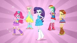 Size: 1920x1080 | Tagged: safe, screencap, applejack, fluttershy, pinkie pie, rainbow dash, rarity, equestria girls, g4, my little pony equestria girls, bare shoulders, boots, cowboy boots, fall formal outfits, female, high heel boots, humane five, sleeveless, strapless