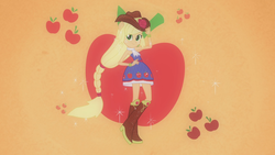 Size: 1920x1080 | Tagged: safe, screencap, applejack, equestria girls, g4, my little pony equestria girls, apple, bare shoulders, boots, bracelet, cowboy boots, cowboy hat, element of honesty, fall formal outfits, female, food, harmonic transformation, hat, jewelry, ponied up, ponytail, shoes, sleeveless, solo, strapless