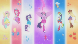 Size: 1920x1080 | Tagged: safe, screencap, applejack, fluttershy, pinkie pie, rainbow dash, rarity, twilight sparkle, equestria girls, g4, my little pony equestria girls, female, harmonic transformation, mane six, ponied up