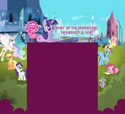 Size: 1600x1462 | Tagged: safe, applejack, fluttershy, pinkie pie, princess celestia, rainbow dash, rarity, spike, twilight sparkle, g4, official, book, crystal empire, hubworld, mane seven, mane six, my little pony logo