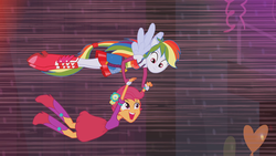 Size: 1920x1080 | Tagged: safe, screencap, rainbow dash, scootaloo, equestria girls, g4, my little pony equestria girls, boots, fall formal outfits, female, flying, ponied up, scootalove, shoes, this is our big night, wings