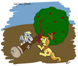 Size: 992x836 | Tagged: safe, artist:pterosaurpony, bloomberg, braeburn, derpy hooves, earth pony, pegasus, pony, g4, duo, female, mail, male, mare, stallion, tree