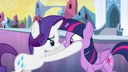 Size: 1920x1080 | Tagged: safe, screencap, rarity, twilight sparkle, pony, equestria girls, g4, my little pony equestria girls, eye contact, frown, gritted teeth, lidded eyes, out of context, squishy cheeks, twilight sparkle (alicorn), wide eyes