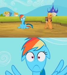 Size: 800x900 | Tagged: safe, screencap, jim beam, mare do well, rainbow dash, g4, the mysterious mare do well, comparison, construction pony, faic, ponyville, shocked, spread wings, wings