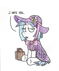 Size: 1223x1464 | Tagged: safe, artist:bobthedalek, dj pon-3, vinyl scratch, pony, unicorn, g4, basket, clothes, dress, dressup, female, hat, hate, solo, talking to viewer, traditional art