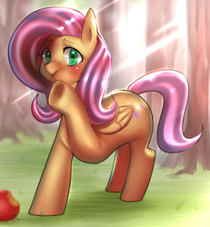 Size: 1100x1190 | Tagged: safe, artist:ipushiro, fluttershy, g4, apple, eating, female, pixiv, solo