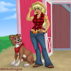 Size: 1440x1440 | Tagged: safe, artist:blithedragon, applejack, winona, human, g4, abs, barn, customized toy, duo, front knot midriff, humanized, midriff