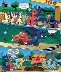 Size: 579x690 | Tagged: safe, artist:andypriceart, idw, official comic, big macintosh, carrot top, daisy, flower wishes, golden harvest, goldengrape, lemon hearts, linky, minuette, pine sight, princess luna, raspberry delight, seedbiscuit, shoeshine, sir colton vines iii, spring melody, sprinkle medley, tumblewind, earth pony, pegasus, pony, unicorn, g4, spoiler:comic, spoiler:comic09, background pony, clothes, comic, female, gotta go fast, magic shirt, male, mare, night guard, seven-legged race, stallion, t-shirt, tug of war, wheel o feet, yup