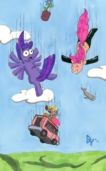 Size: 796x1284 | Tagged: safe, artist:damn-yuki, derpy hooves, pinkie pie, twilight sparkle, pegasus, pony, whale, g4, falling, female, flailing, flower, ice cream van, mare, potted plant