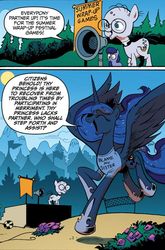 Size: 585x887 | Tagged: safe, artist:andypriceart, big macintosh, mr. waddle, princess luna, alicorn, earth pony, pony, g4, idw, spoiler:comic, spoiler:comic09, blame my sister, clerical collar, clothes, comic, cute, elderly, female, glasses, liver spots, lunabetes, magic shirt, male, mare, megaphone, open mouth, spread wings, stallion, t-shirt, wings