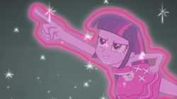 Size: 1023x574 | Tagged: safe, twilight sparkle, equestria girls, g4, my little pony equestria girls, female, magic, pointing, solo