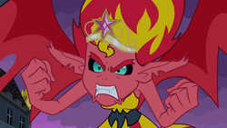 Size: 1023x576 | Tagged: safe, screencap, sunset shimmer, demon, equestria girls, g4, my little pony equestria girls, angry, big crown thingy, faic, female, solo, sunset satan