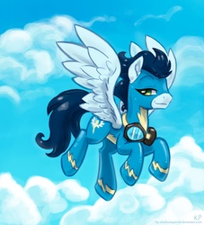 Size: 1000x1100 | Tagged: safe, artist:kp-shadowsquirrel, soarin', g4, bedroom eyes, flying, male, solo