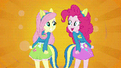 Size: 640x360 | Tagged: safe, screencap, fluttershy, pinkie pie, human, equestria girls, g4, my little pony equestria girls, animated, ass, balloonbutt, butt, butt bump, butt to butt, butt touch, clothes, collar, cute, dancing, diapinkes, duo, duo female, fake ears, fake tail, female, flutterbutt, gif, happy, helping twilight win the crown, pony ears, shirt, shyabetes, skirt, smiling, tail, teenager, wondercolt ears, wondercolt tail, wondercolts, wondercolts uniform