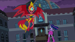 Size: 1023x577 | Tagged: safe, sunset shimmer, twilight sparkle, equestria girls, g4, my little pony equestria girls, bare shoulders, boots, canterlot high, fall formal outfits, high heel boots, magic, sleeveless, strapless, sunset satan, twilight ball dress