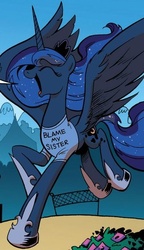 Size: 337x585 | Tagged: safe, artist:andypriceart, idw, princess luna, pony, g4, spoiler:comic, blame my sister, clothes, cute, female, happy, landing, lunabetes, magic shirt, silly, silly pony, solo, t-shirt