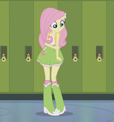 Size: 736x788 | Tagged: safe, screencap, fluttershy, equestria girls, g4, my little pony equestria girls, boots, clothes, female, high heel boots, polka dot socks, skirt, socks, solo