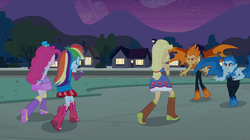 Size: 1023x574 | Tagged: safe, screencap, applejack, pinkie pie, rainbow dash, snails, snips, demon, equestria girls, g4, my little pony equestria girls, bare shoulders, boots, bracelet, cowboy boots, fall formal outfits, hat, high heel boots, jewelry, sleeveless, strapless, the fools, top hat