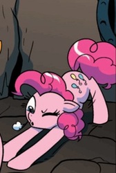 Size: 428x636 | Tagged: safe, idw, pinkie pie, earth pony, pony, g4, exploitable meme, female, iwtcird, out of context, solo, stretching, wink