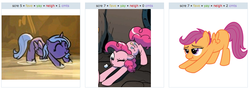 Size: 797x288 | Tagged: safe, pinkie pie, princess luna, scootaloo, g4, exploitable meme, iwtcird, juxtaposition, juxtaposition win, meme, scrunchy face, stretch