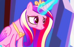 Size: 500x314 | Tagged: safe, artist:j-vert, edit, edited screencap, screencap, princess cadance, g4, the crystal empire, bags under eyes, cropped, female, glowing horn, horn, magic, mare, solo, throne, tired
